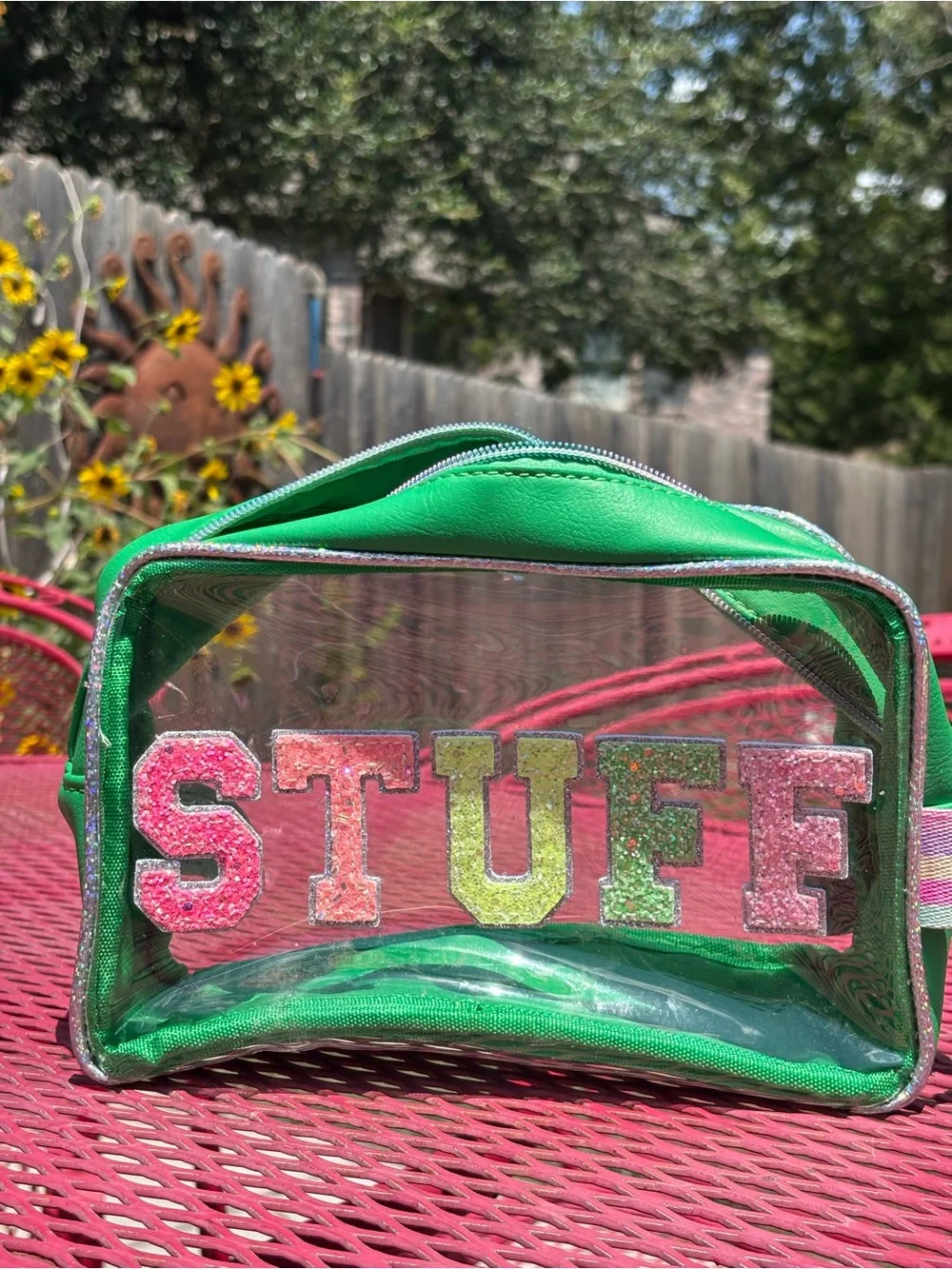 Green Clear Cosmetic Bag with 'STUFF' Glitter Monogram Lettering